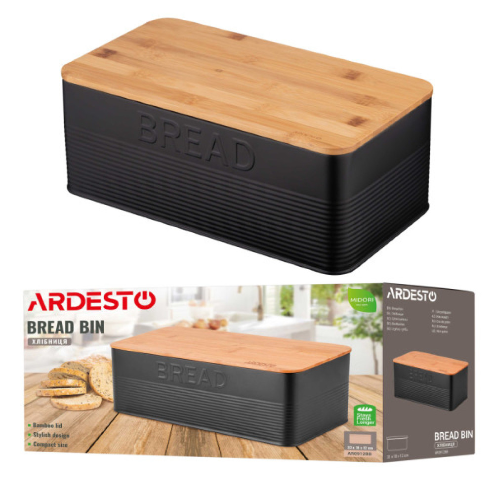 Хлібниця ARDESTO Midori 33х18х12см, метал, бамбук, чорний (AR0912BB)