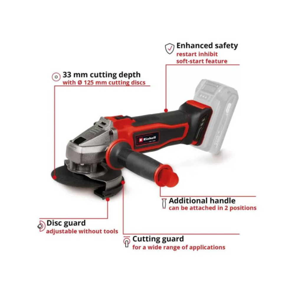 Шліфувальна машина Einhell TE-AG 18/125-2 Li-Solo, 18V, 125мм, 8500об/хв, 1.69кг (без АКБ та ЗП) (4431168)