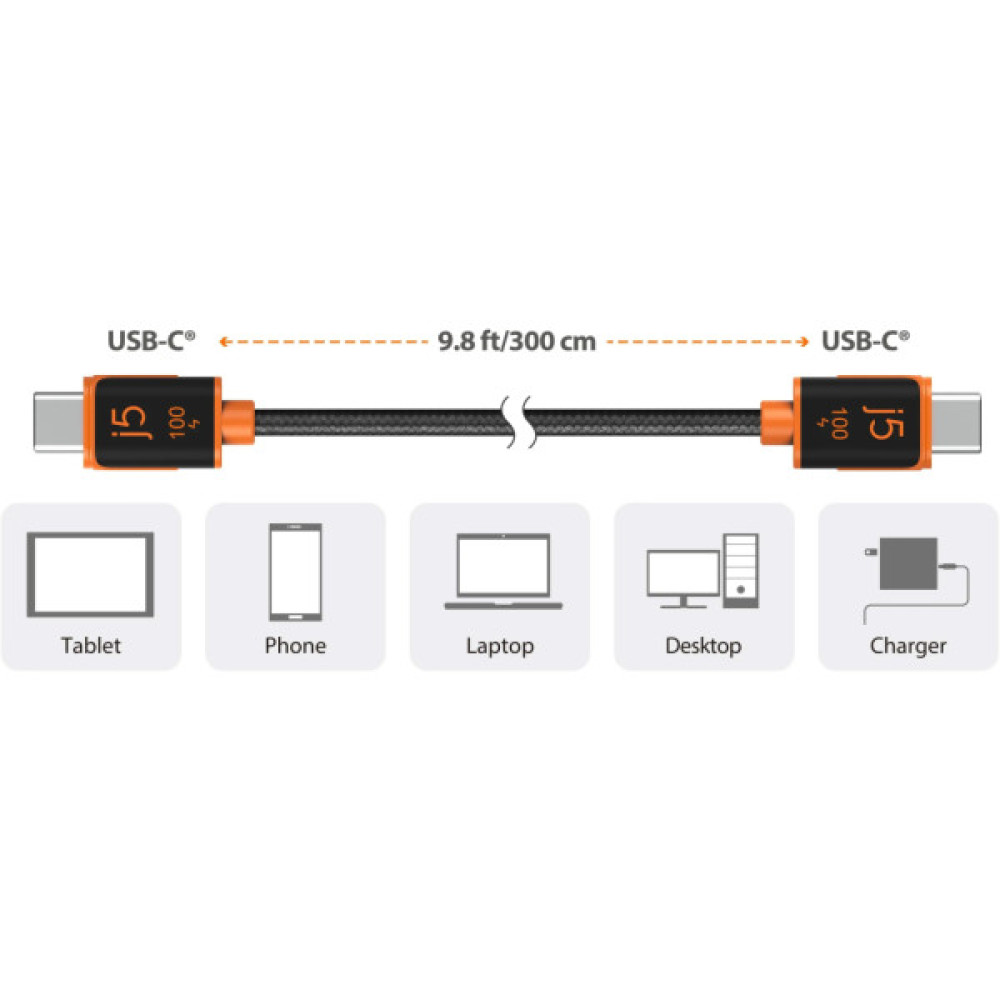 Дата кабель USB-C to USB-C 3.0m 100W (20V/5A) premium J5create (JUCX25L30-N)