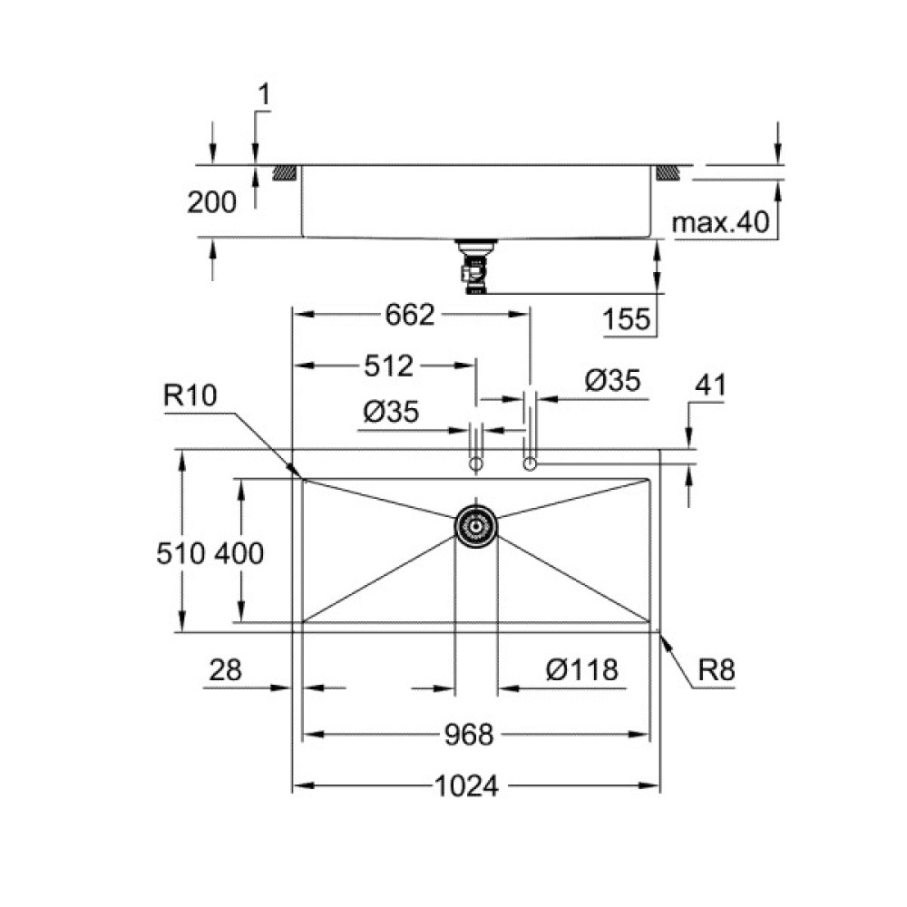 Мийка кухонна Grohe K800, нерж.сталь, прямокут., без крила, 1024x510x200мм, чаша - 1, врізна, нержавіюча сталь