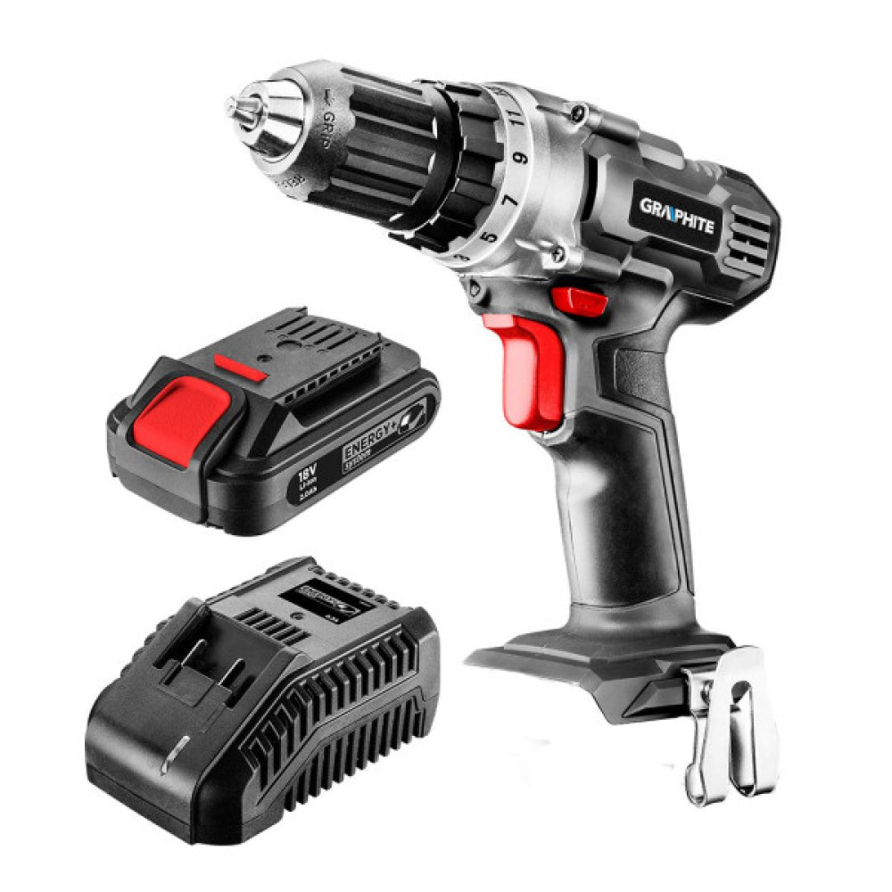 Шурупокрут-дриль акумуляторний GRAPHITE Energy+ 18В 1х2А·год 44Нм 0-350·0-1250об/хв ЗП 1.2кг
