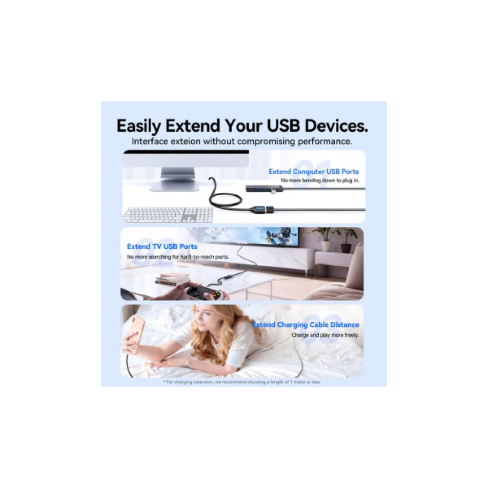 Дата кабель USB 3.2 AM/AF 0.5m 10Gbps PVC black Vention (CBOBD)