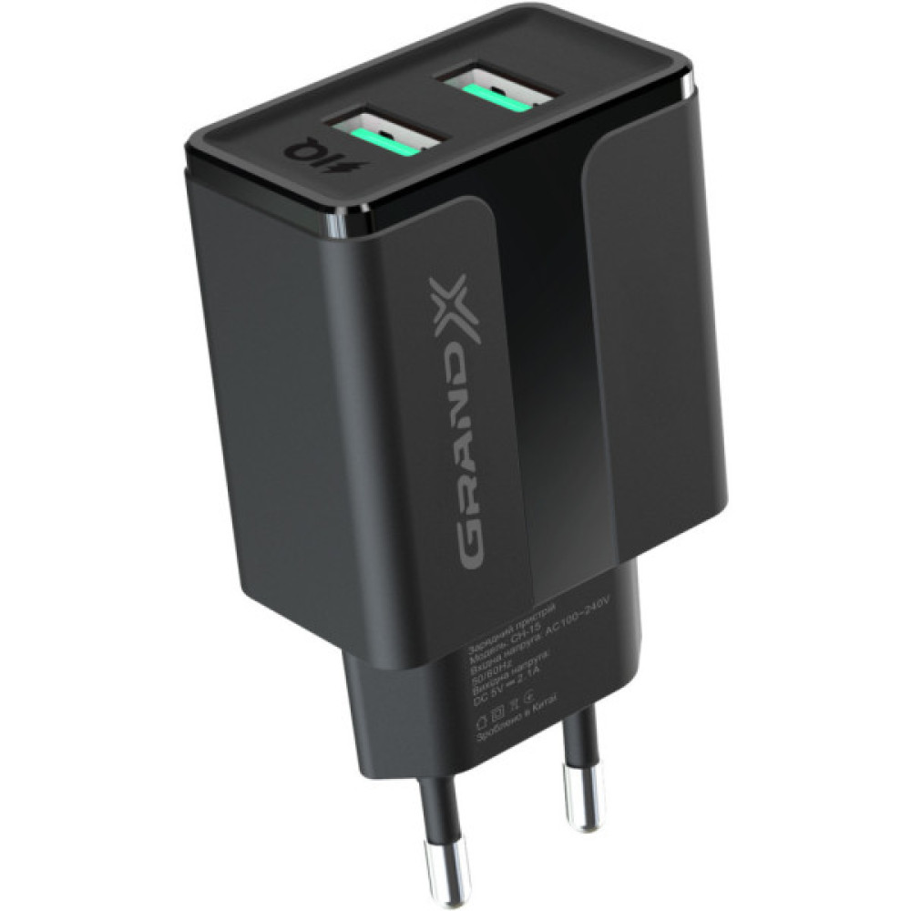 Зарядний пристрій Grand-X CH-15T 5V 2.1A 2USB Black + cable USB -> Type-C (CH-15T)