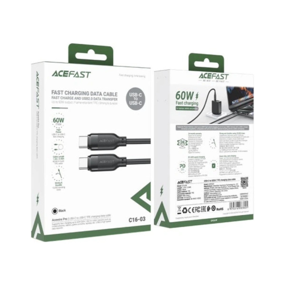 Дата кабель USB-C to USB-C 1.2m 60W TPU black Acefast (6974316283805)