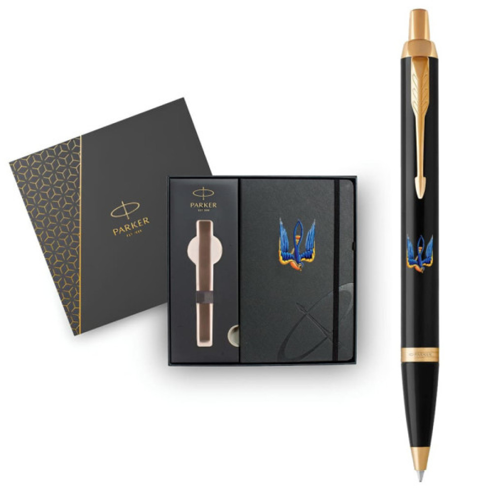 Ручка кулькова Parker IM 17 UKRAINE Black GT BP Тризуб-Ластівка + блокнот Parker + подар.упаковка GIFT24 (22032b24_T1230u)