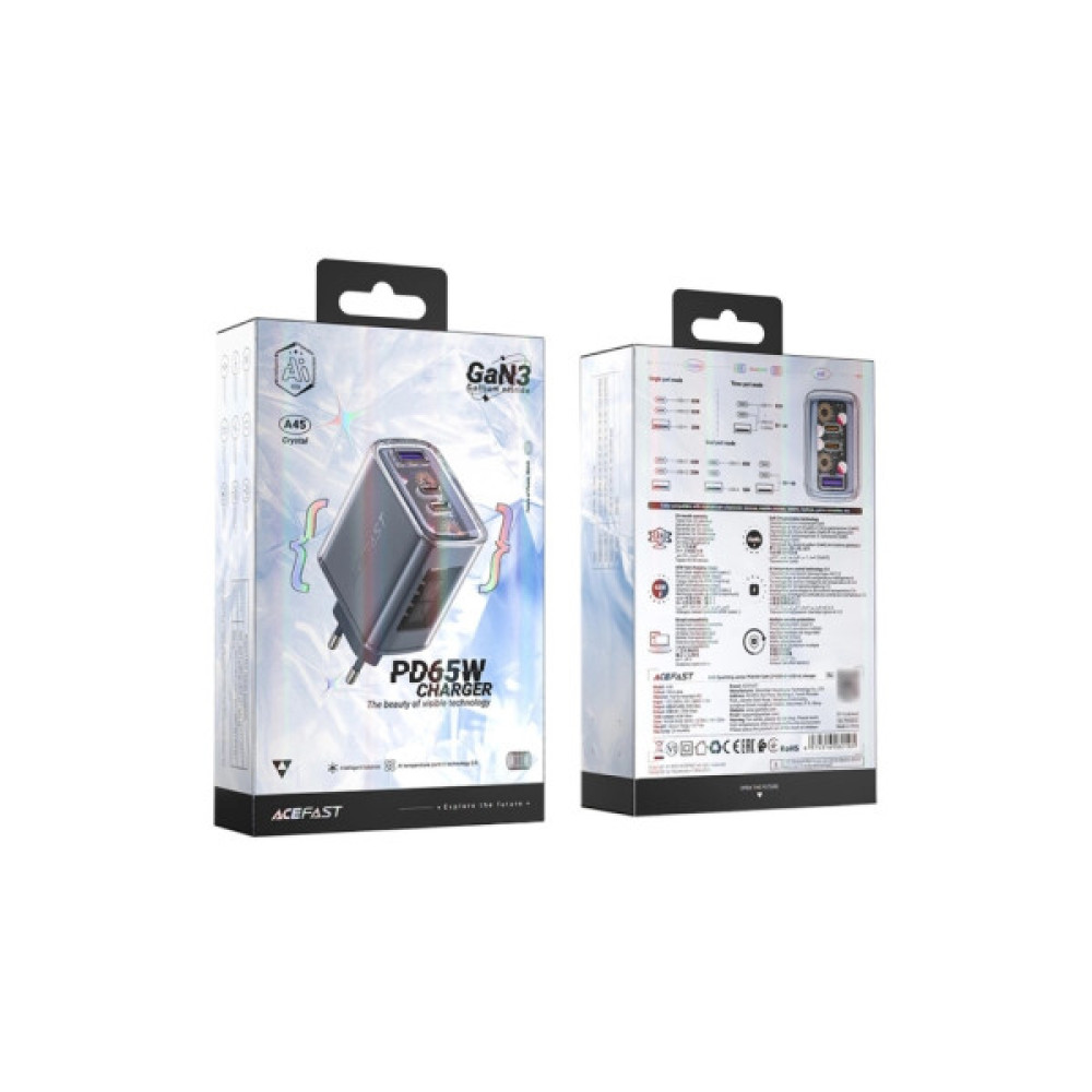 Зарядний пристрій Acefast 3xUSB 65W (2xUSB-C+USB-A) Gan A45 Fast Charger Mountain mist (6974316282099)