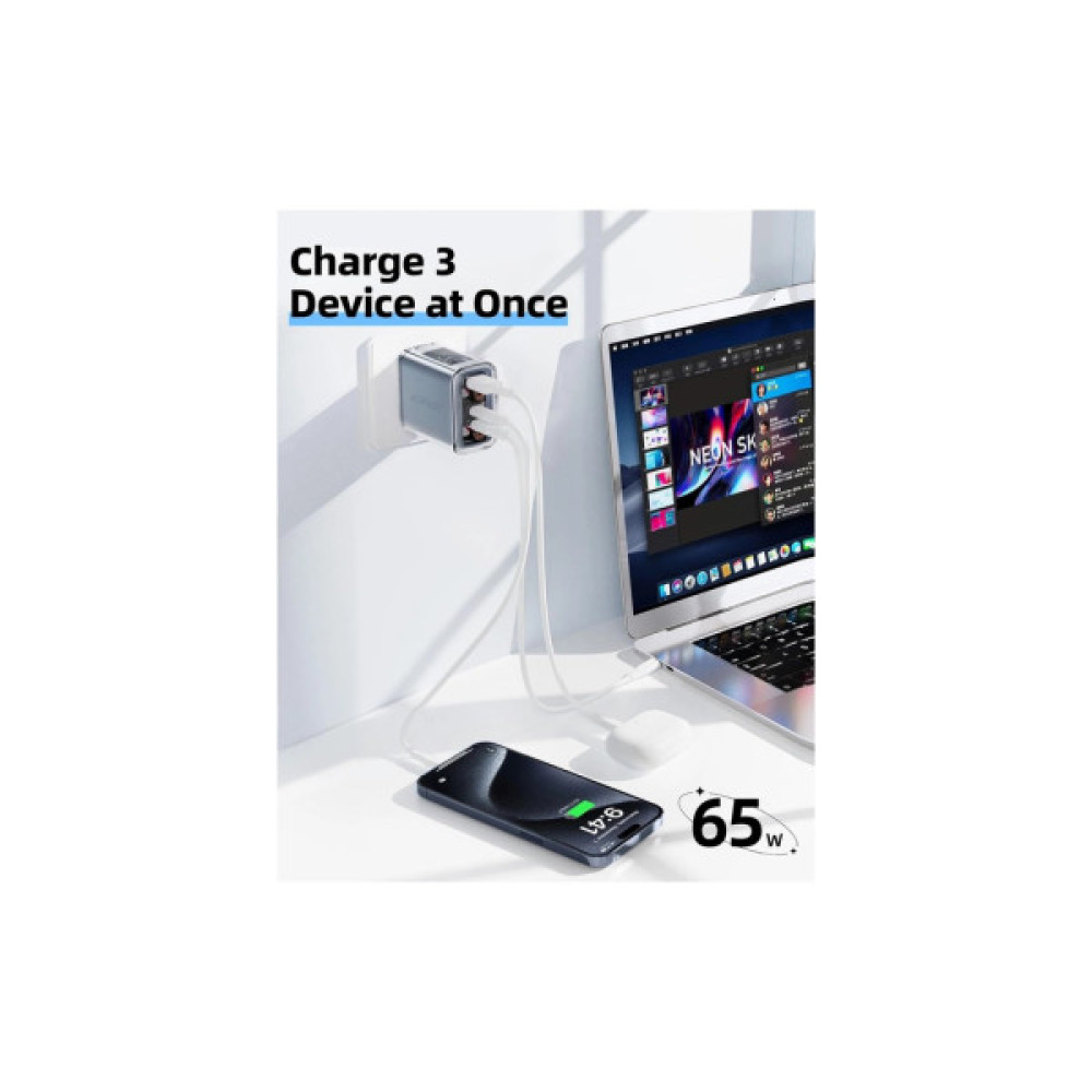 Зарядний пристрій Acefast 3xUSB 65W (2xUSB-C+USB-A) Gan A45 Fast Charger Mountain mist (6974316282099)