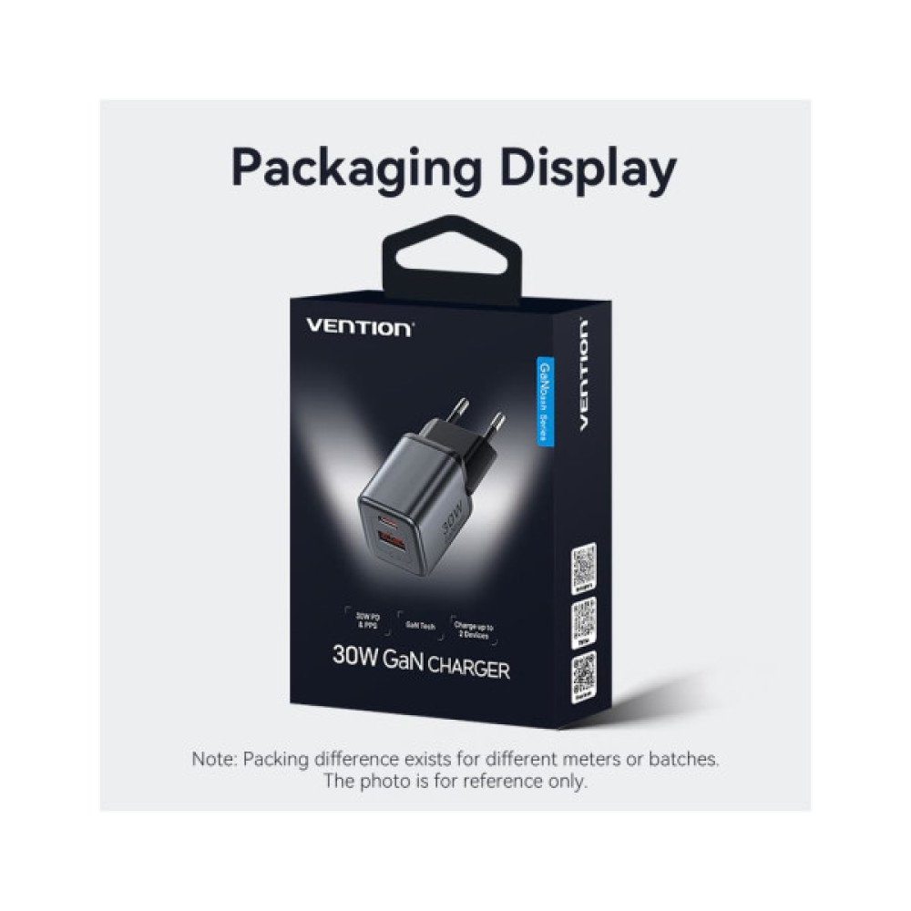 Зарядний пристрій Vention 1xUSB-C PD30W + 1xUSB QC3.0 18W GaN gray (FEWH0-EU)