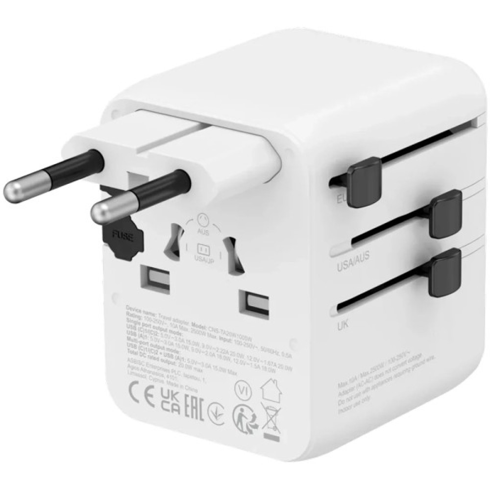 Зарядний пристрій Canyon OnTour 20 2xUCB-C + USB-A EU/UK/US/AUS 20W White (CNS-TA20W1005W)