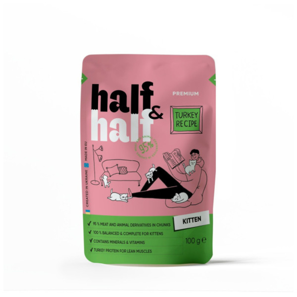 Вологий корм для кішок Half&Half шматочки з індичкою в желе для кошенят 100 г (4820261920864)