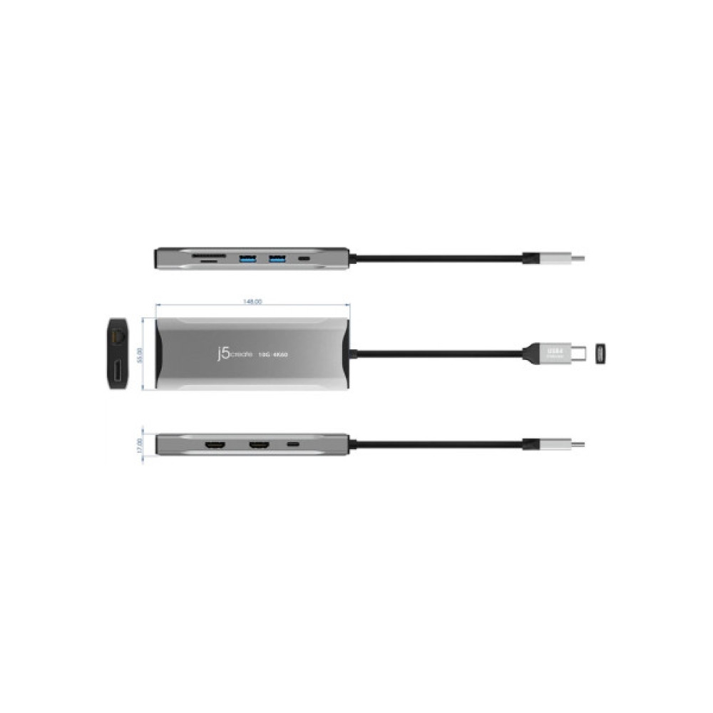 Концентратор J5create USB-C 9-in-1 2xUSB 3.2 + 2xUSB-C PD + 2xHDMI 4K + DisplayPort + SD/TF + RJ45 1000Mbps gray (JCD397-N)