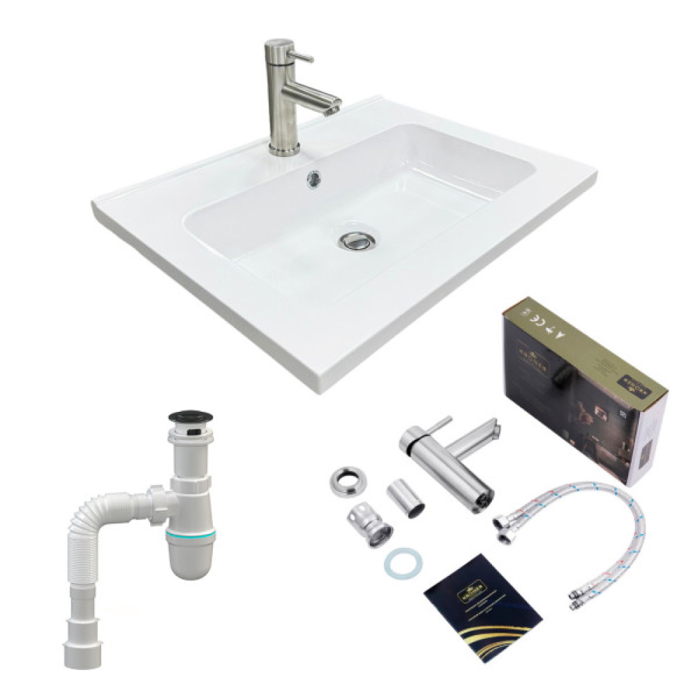 Набір для ванної кімнати, раковина, умивальник Adamant FLATE 60, штучний камінь, прямокут., з сифоном Click-Clack + змішувач