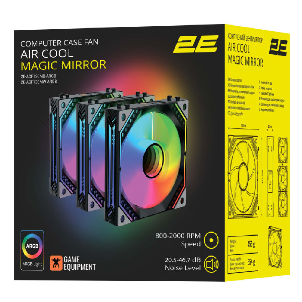 Корпусні вентилятори 2E GAMING Air Cool Magic Mirror ACF120MB-ARGB, 3x120мм, 2000rpm, 4pin PWM +5VARGB, 20.5dBa, чорний