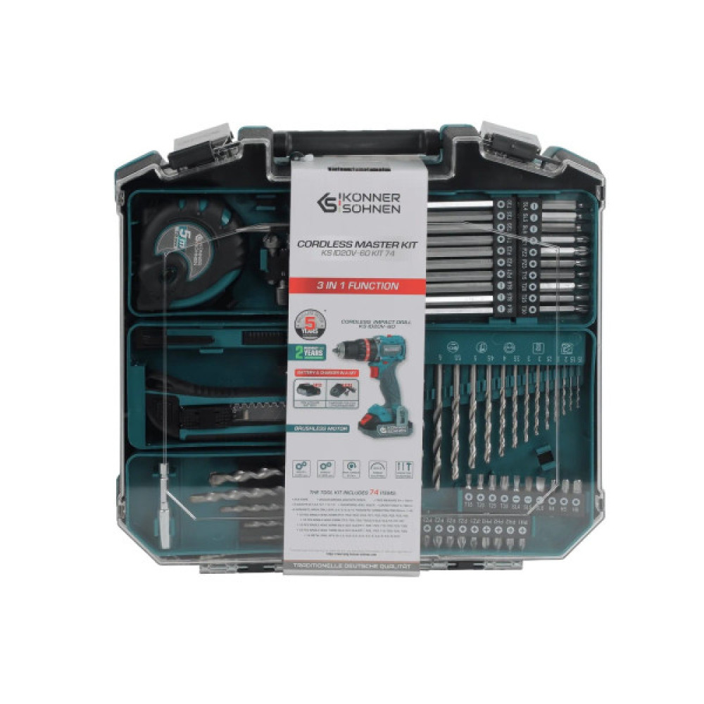 Шурупокрут-дриль ударний акумуляторний Konner&Sohnen KS ID20V-60 KIT 74 18В 1х2А·год 60Нм 0-450·0-1900об/хв LED-світло ЗП набір свердл і біт 74шт кейс 4.3кг