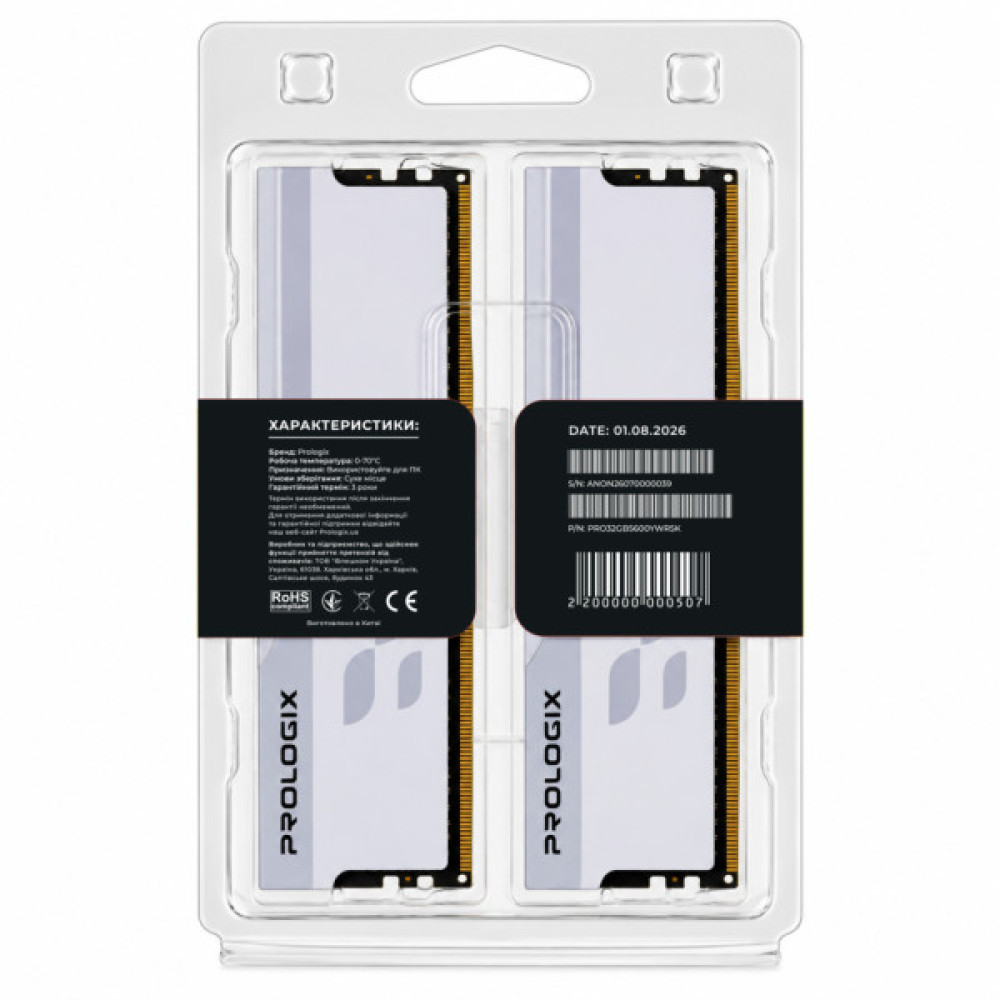Модуль пам'яті для комп'ютера DDR5 32GB (2x16GB) 5600 MHz Onyx White RGB Prologix (PRO32GB5600YWR5K)