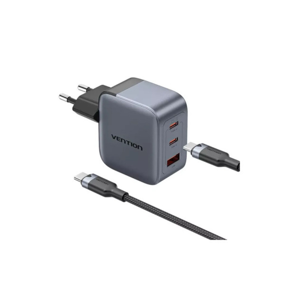 Зарядний пристрій Vention 2xUSB-C PD70W + 1xUSB QC3.0 22.5W GaN + cable USB-C to USB-C 1.0m black gray (TZ-FEXH0-EU)