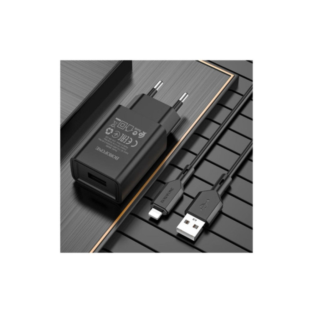 Зарядний пристрій BOROFONE BA68A Glacier USB + cable USB to Lightning 10.5W Black (6974443385687)