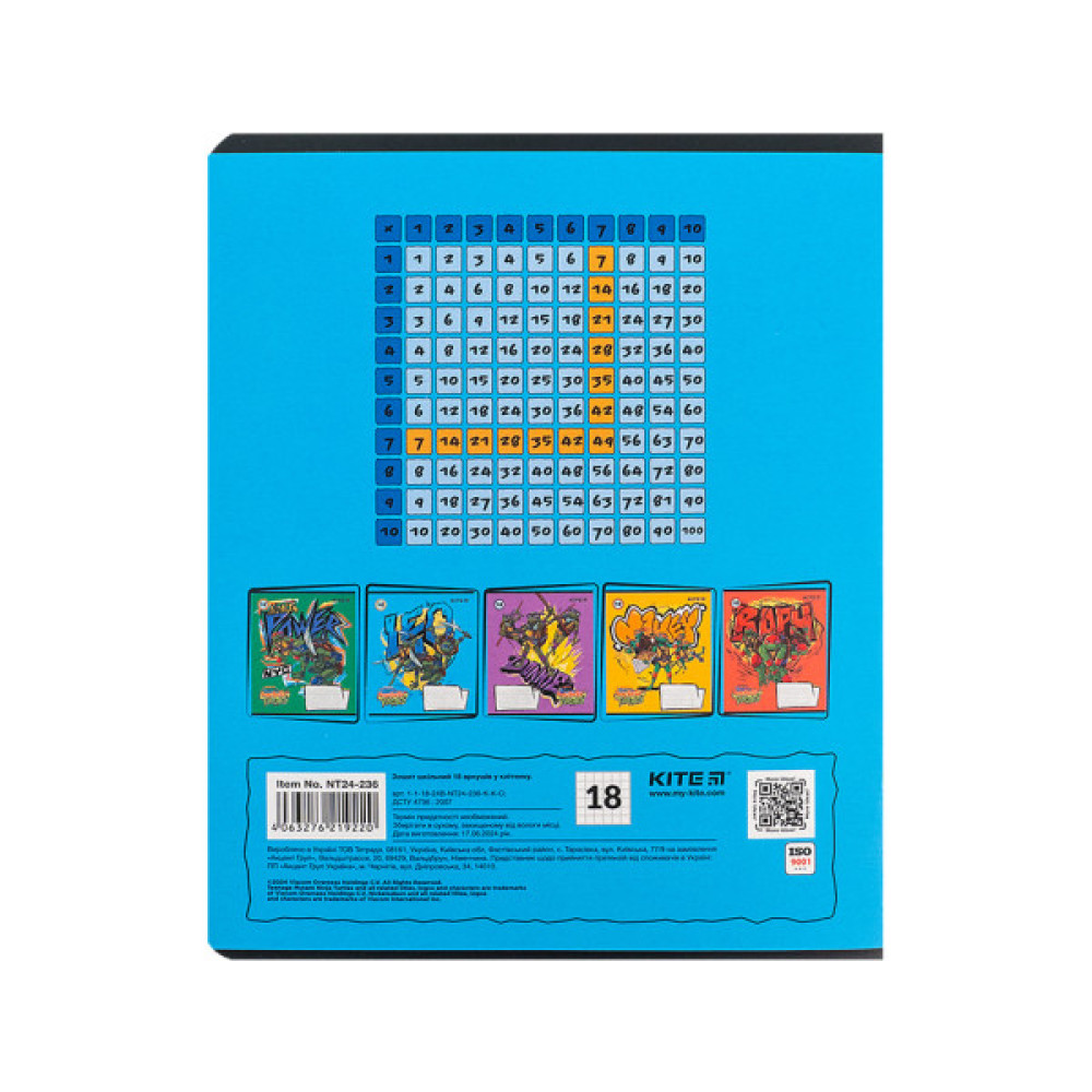 Зошит Kite Ninja Turtles, 18 аркушів, клітинка (NT24-236)