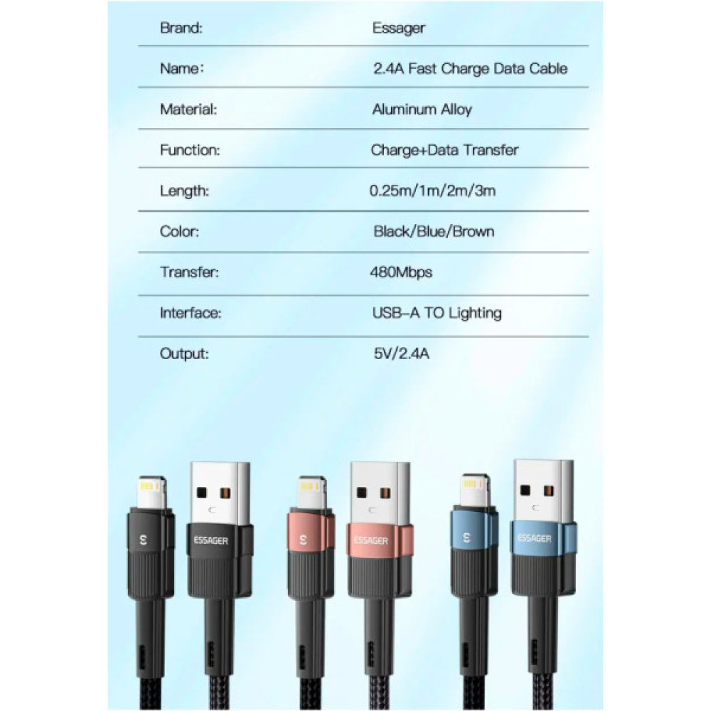 Дата кабель USB 2.0 AM to Lightning 2.0m 2.4A black Essager (EXCL-XCA01)