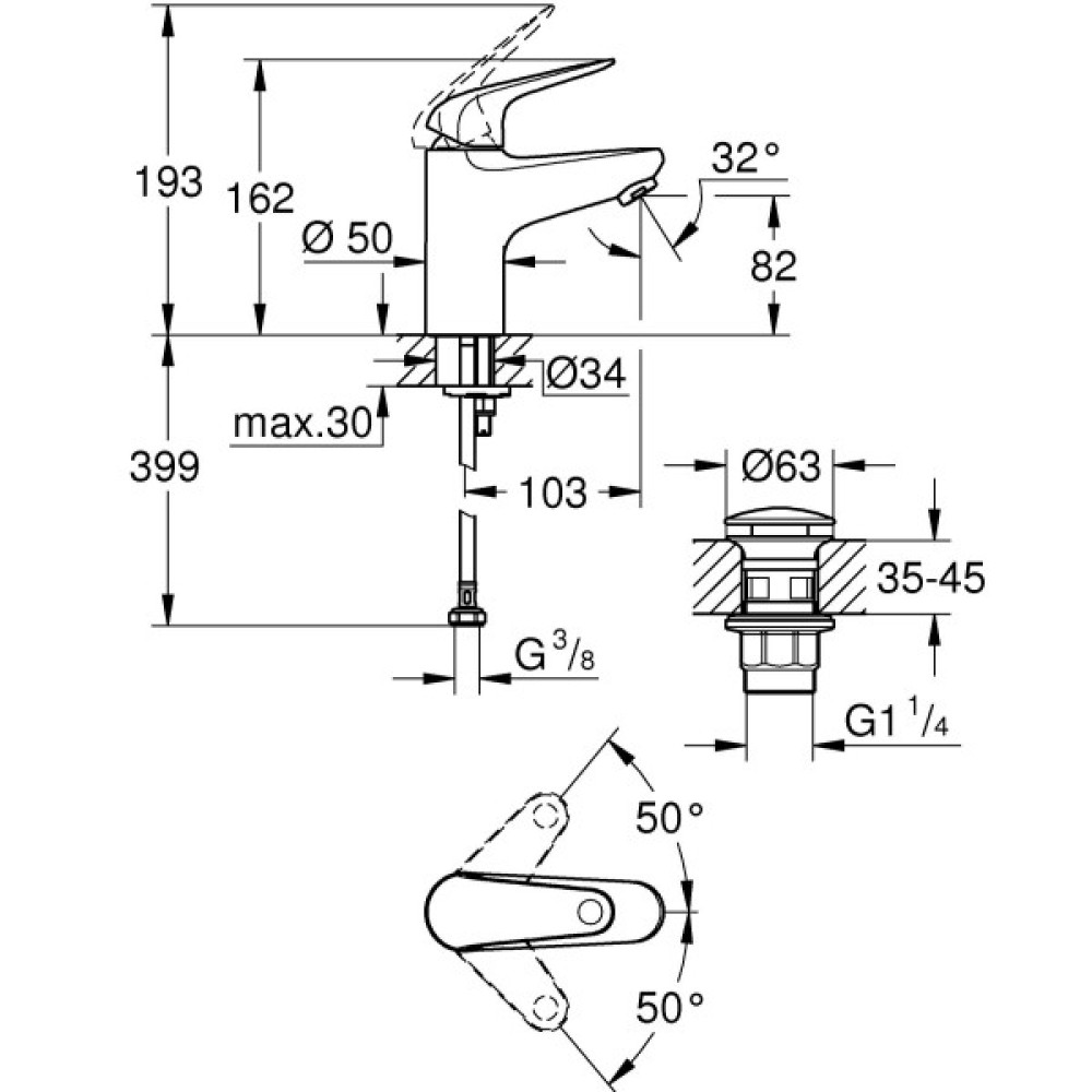 Змішувач для раковини Grohe QuickFix Swift S  довж. виливу - 103мм, неповоротний, 1 важіль, хром