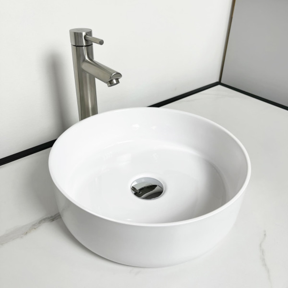 Раковина, умивальник Adamant ARENA, штучний камінь, кругла, без отвору для змішувача та переливу, 360х113мм, накладний, білий