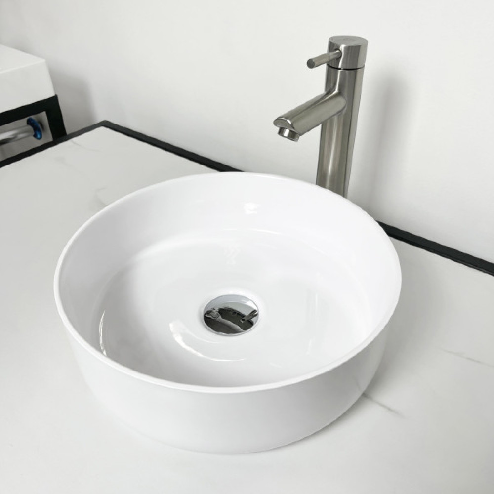 Раковина, умивальник Adamant ARENA, штучний камінь, кругла, без отвору для змішувача та переливу, 360х113мм, накладний, білий