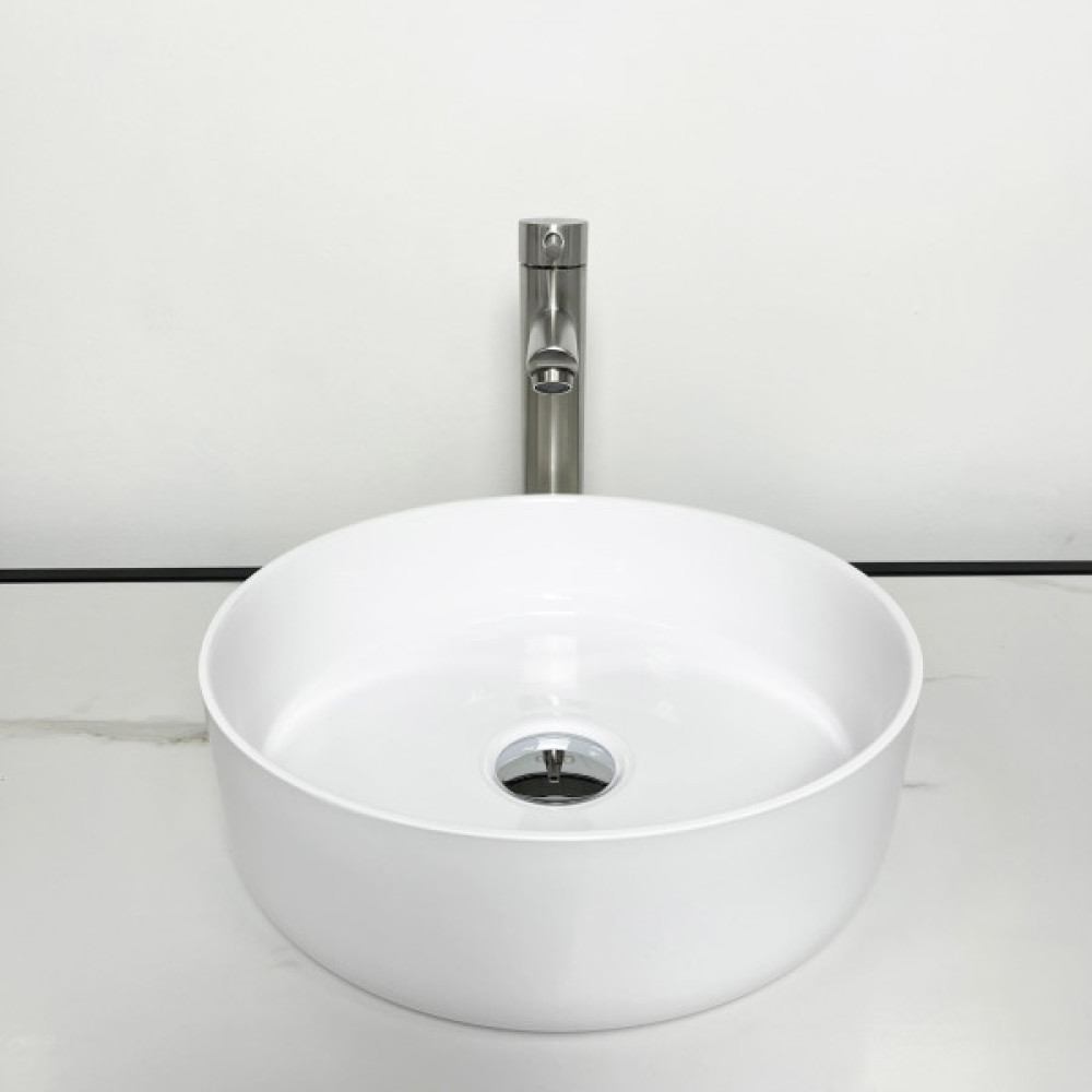 Раковина, умивальник Adamant ARENA, штучний камінь, кругла, без отвору для змішувача та переливу, 360х113мм, накладний, білий