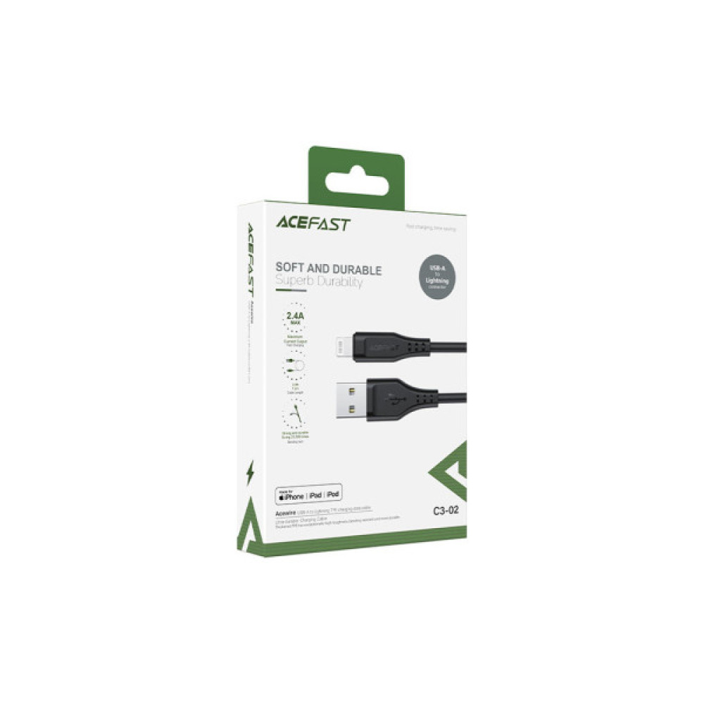 Дата кабель USB 2.0 AM to Lightning 1.2m 2.4A TPE C3-02 Black Acefast (6974316280828)
