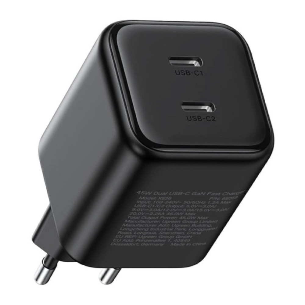 Зарядний пристрій Ugreen X526 2xUSB-C PD45W GaN black (65058)