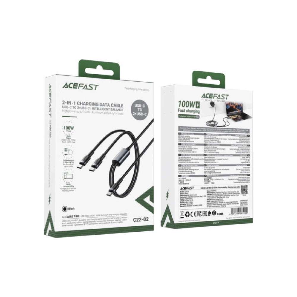 Дата кабель USB-C to 2xUSB-C 1.2m 100W nylon black Acefast (6974316285120)