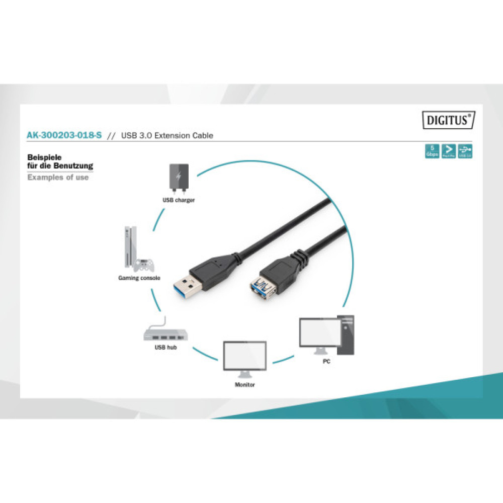 Дата кабель USB 2.0 AM/AF 1.8m black Digitus (AK-300203-018-S)