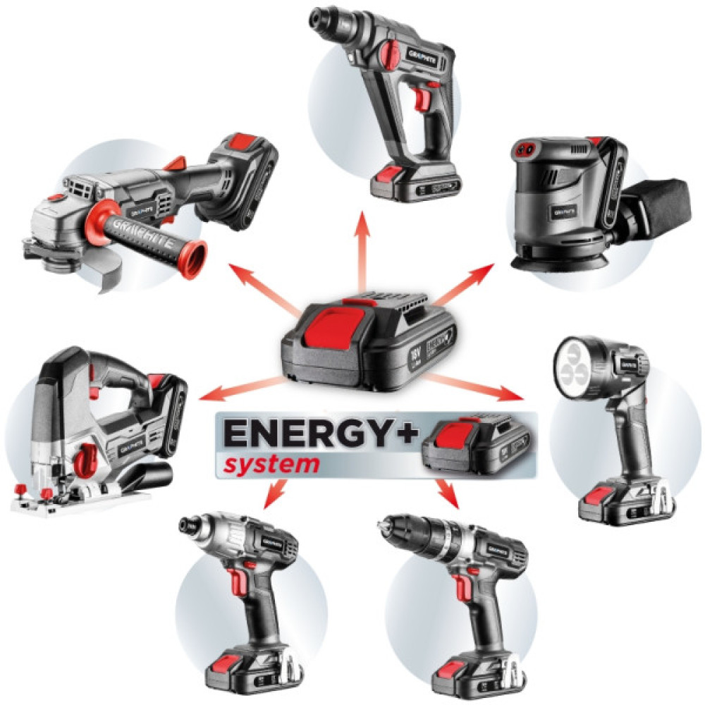 Шурупокрут-дриль акумуляторний GRAPHITE Energy+ 18В 2х2.0А·год 44Нм 0-1250об/хв набір 109шт приладдя кейс 7.35кг