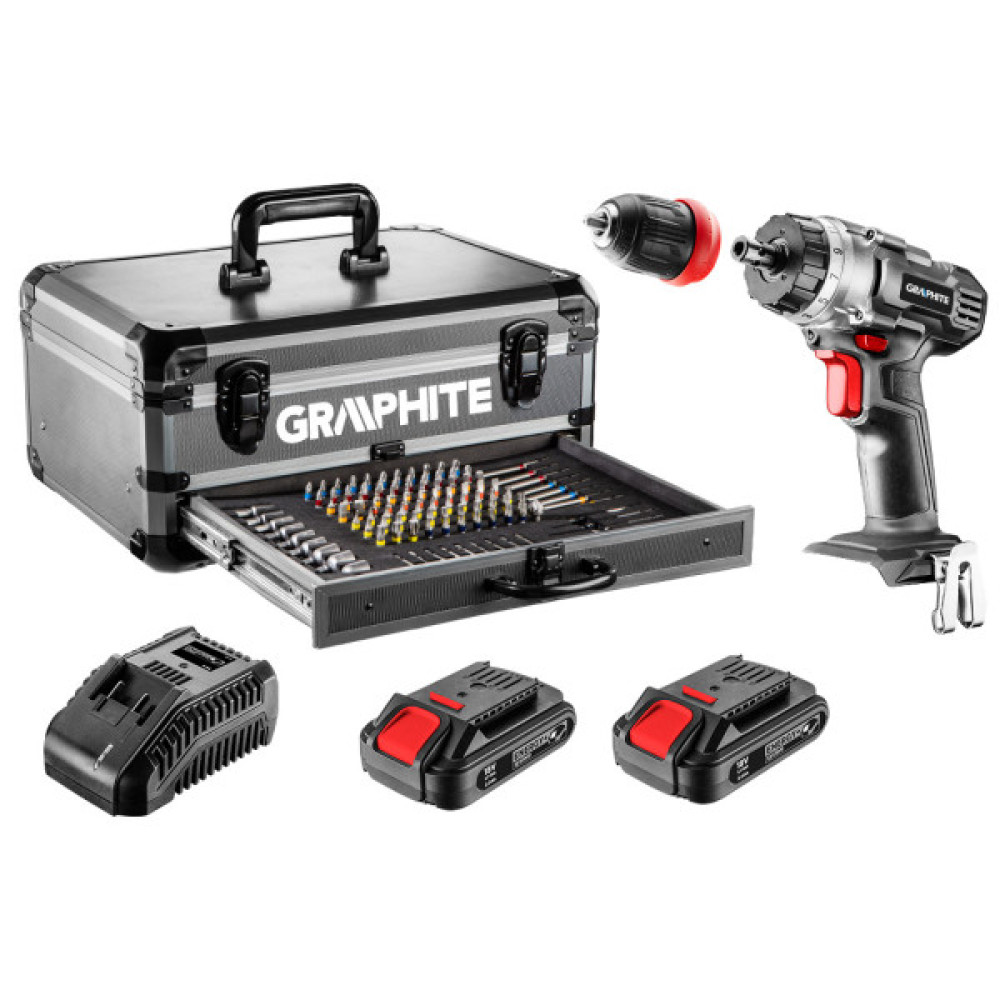 Шурупокрут-дриль акумуляторний GRAPHITE Energy+ 18В 2х2.0А·год 44Нм 0-1250об/хв набір 109шт приладдя кейс 7.35кг