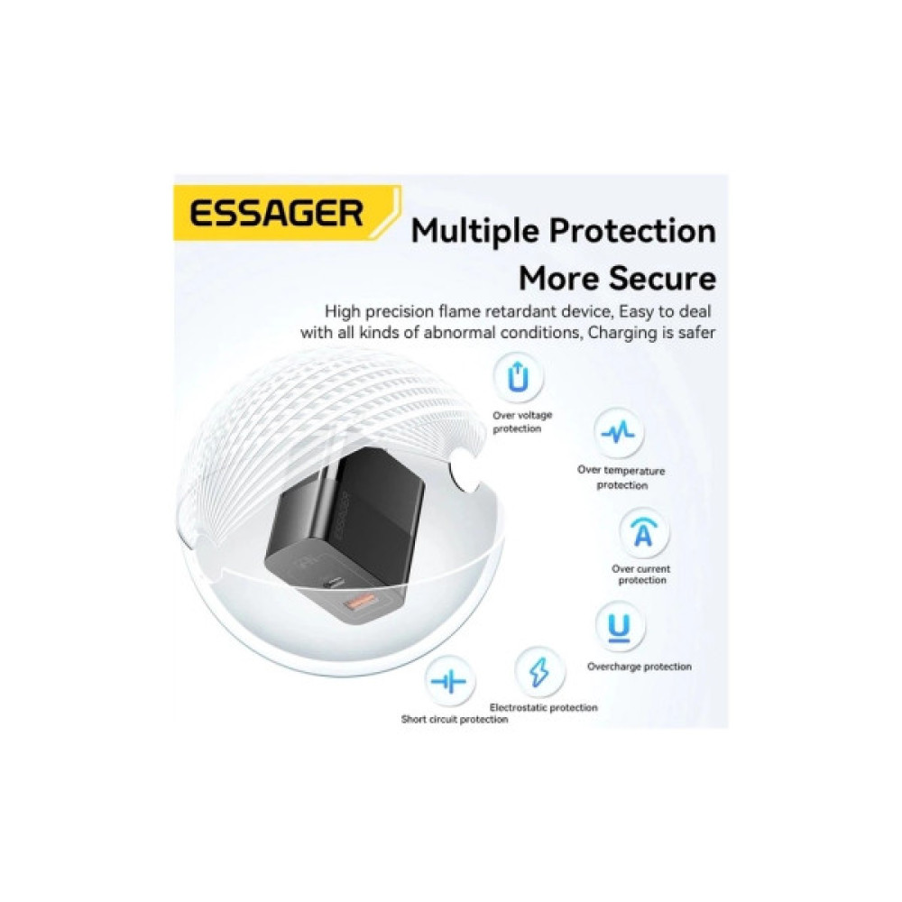 Зарядний пристрій 1xUSB-C + 1xUSB 33W Essager (ECTAC-PCB01-P)