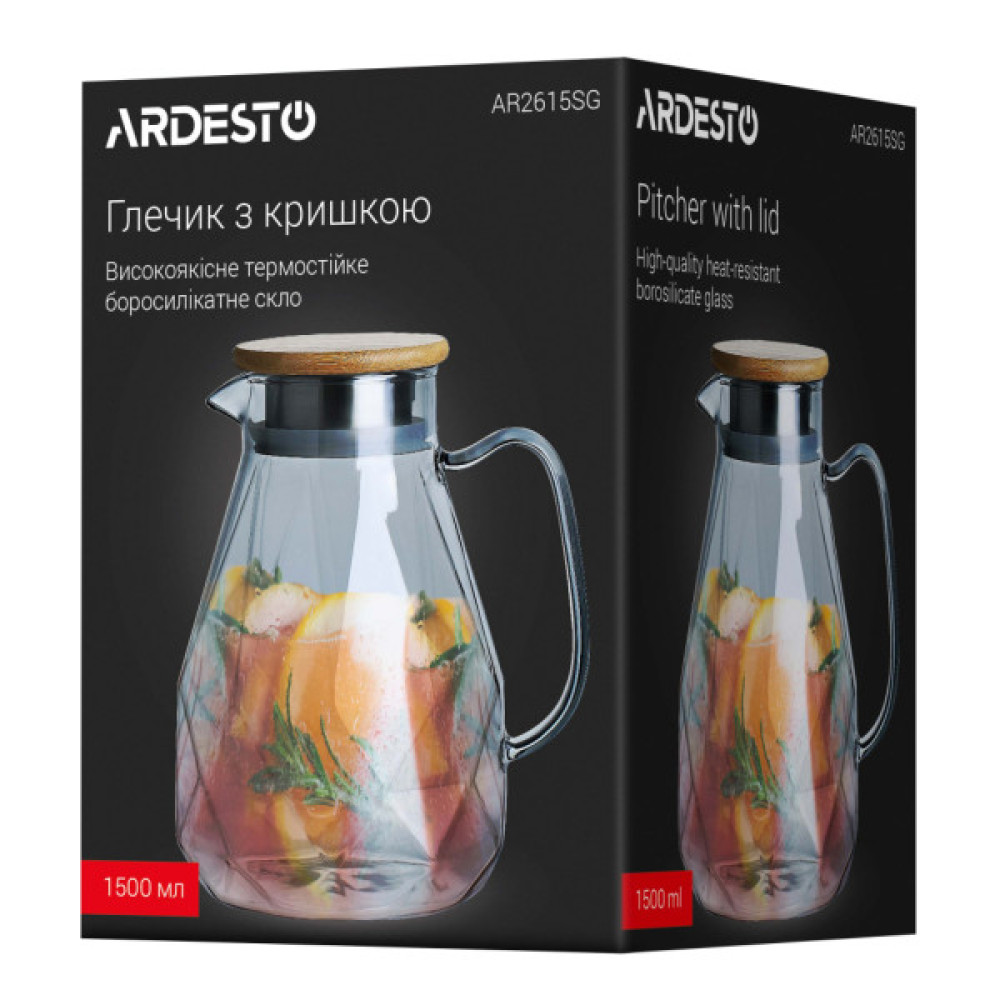 Глечик Ardesto Graphite 1500мл, боросилікатне скло, бамбук, сірий (AR2615SGB)