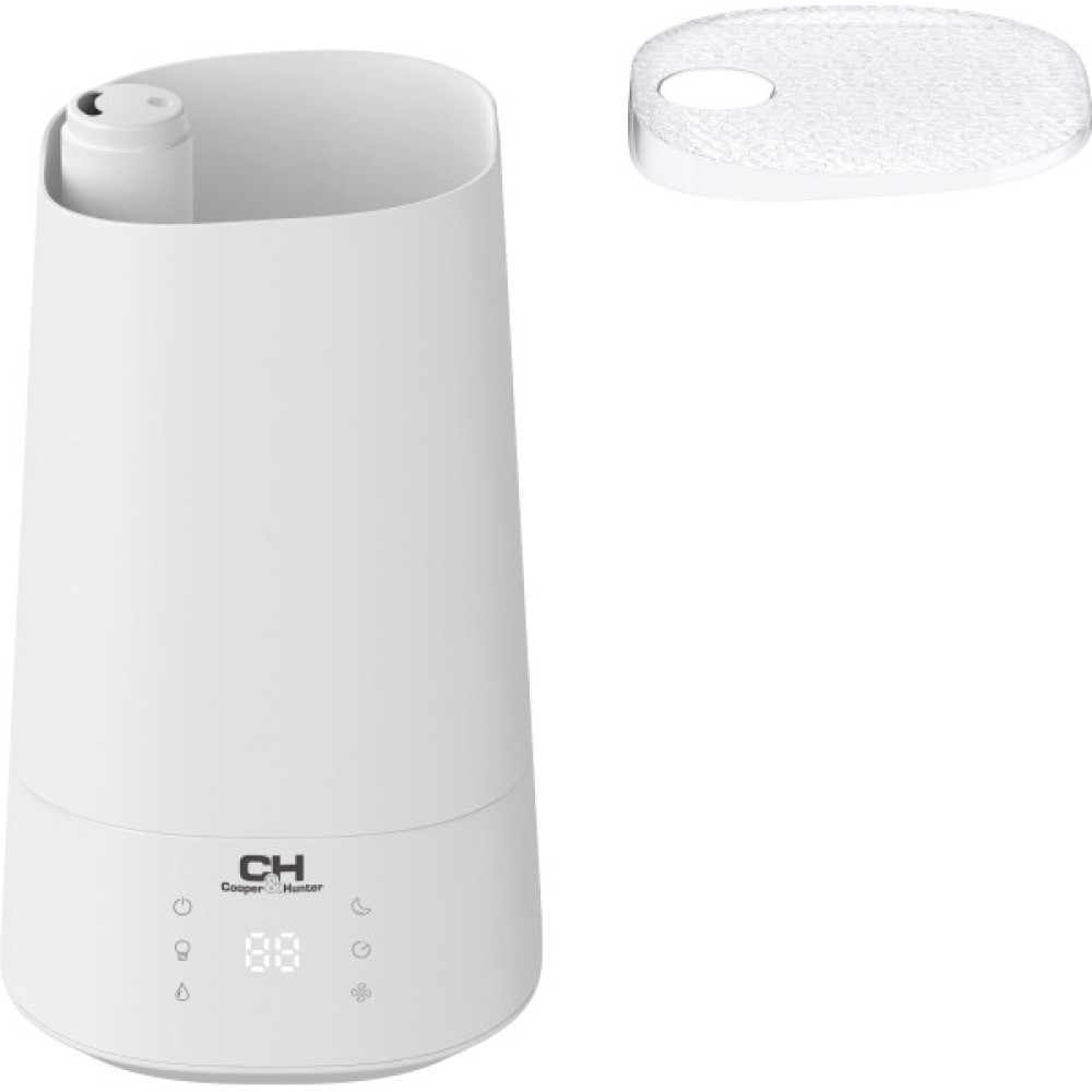 Зволожувач повітря Cooper&Hunter CH-3040TU 40м2, 4л, 300мл/г, ультразвуковий, верхня затока, ел. кер-ння, дисплей, УФ-очистка, підсвічування, авто вимкнення, білий
