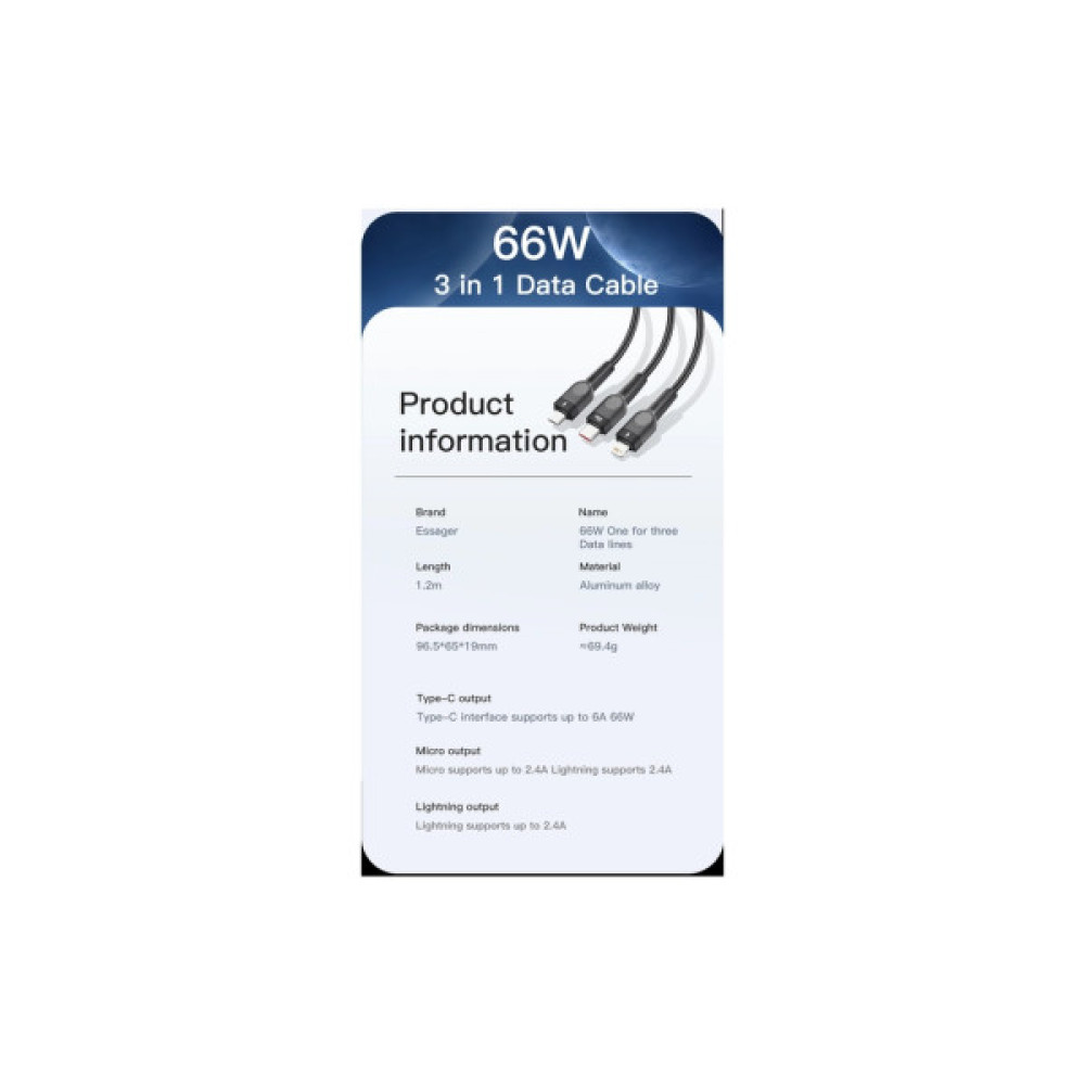 Дата кабель USB 2.0 AM to Lightning + Micro 5P + Type-C 1.2m 66W black Essager (EXCMTL-XJ01)