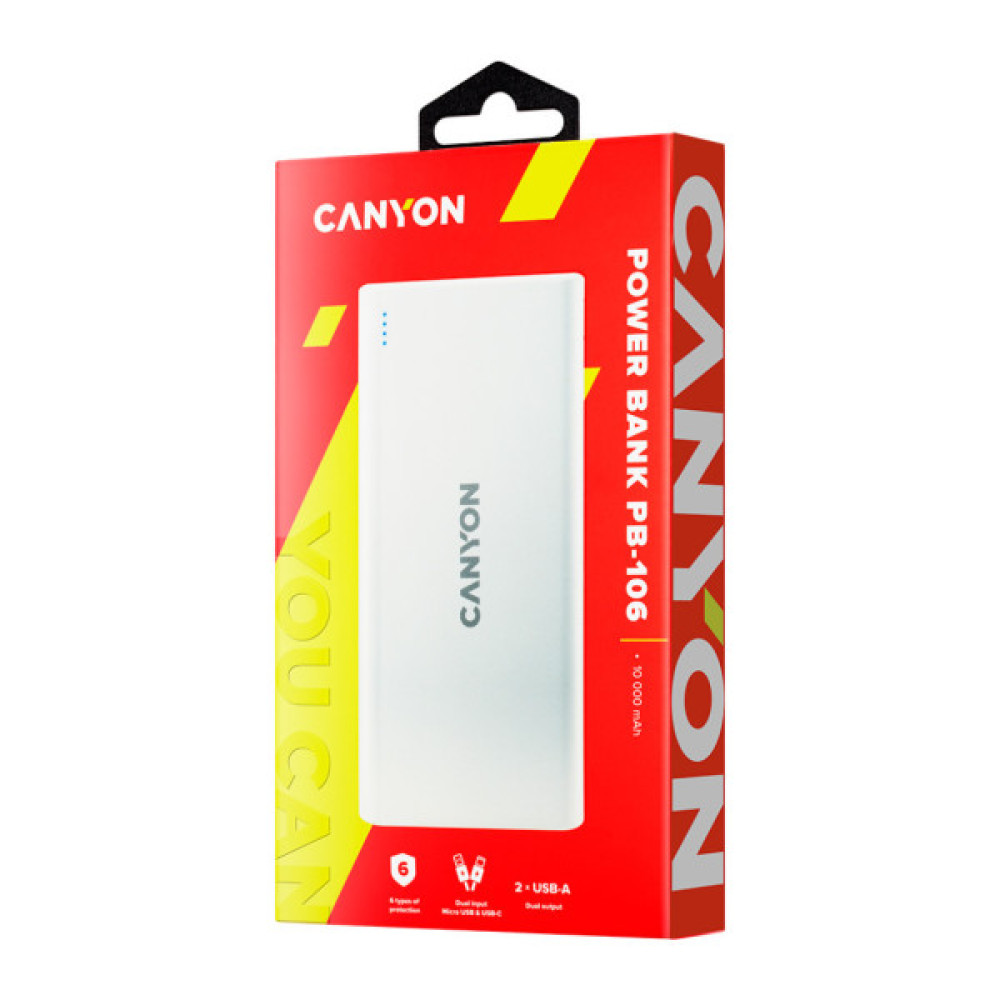 Батарея універсальна Canyon PB-106 10000mAh Input 5V/2A, Output 5V/2.1A(Max) (CNE-CPB1006W)