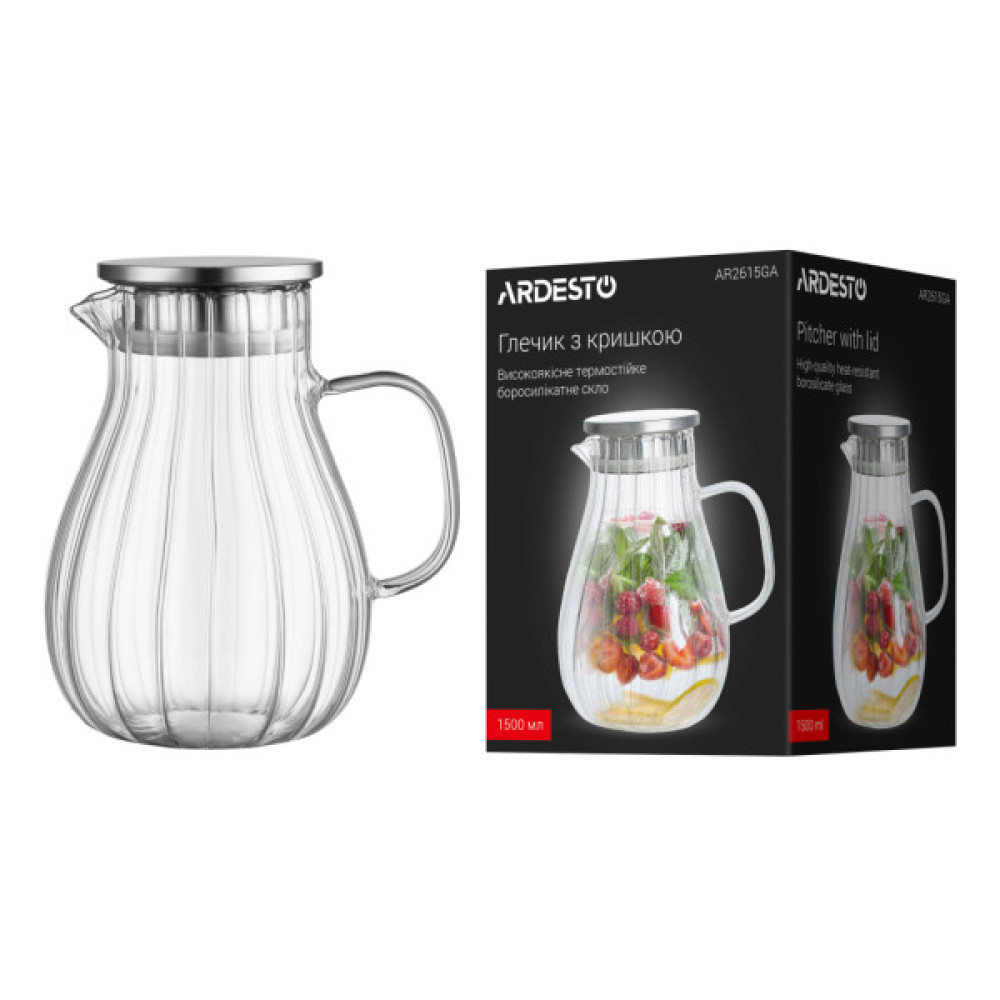 Глечик Ardesto Iceberg, 1500мл, боросилікатне скло, нержавіюча сталь, прозорий (AR2615GA)