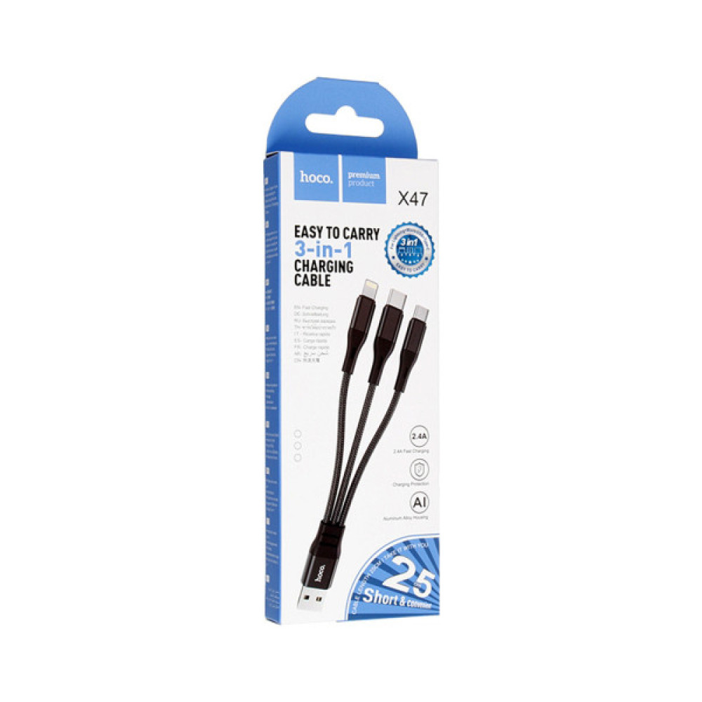 Дата кабель USB 2.0 AM to Lightning + Micro 5P + USB-C 0.25m 2.4A nylon X47 black HOCO (6931474727398)