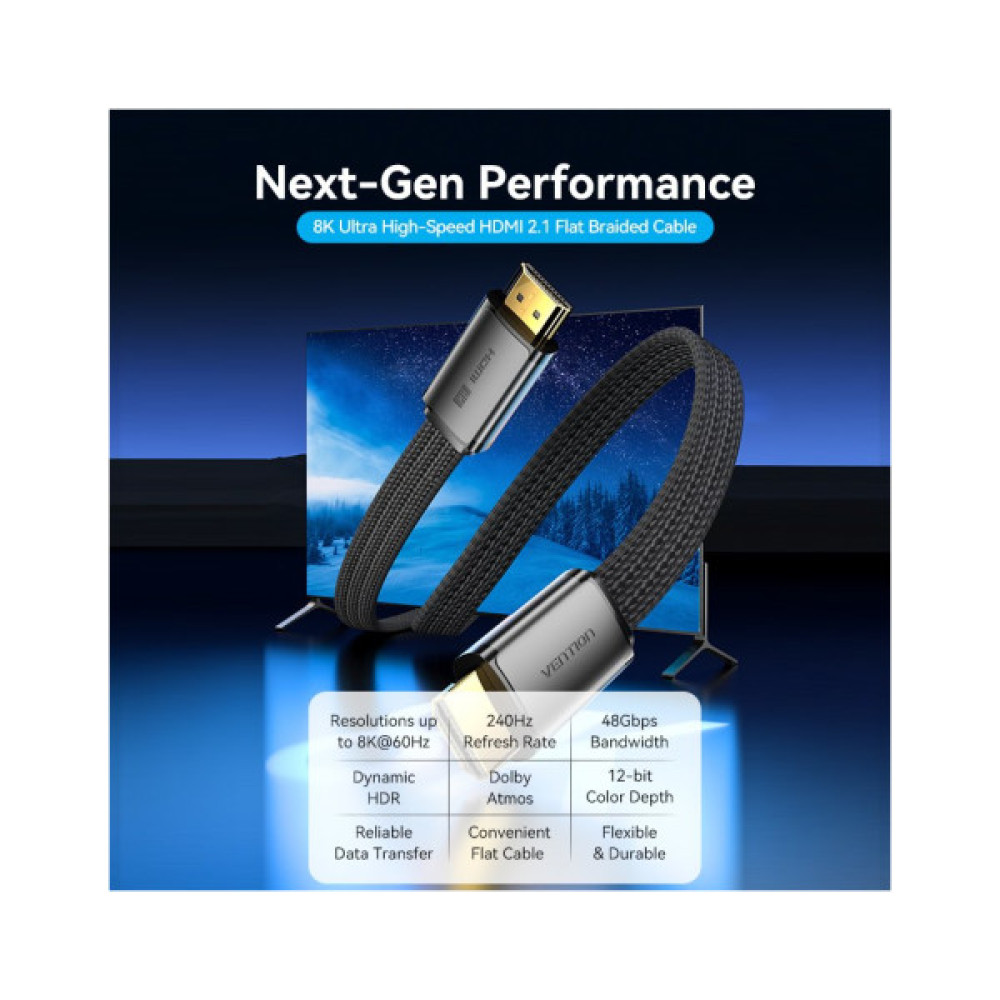 Кабель мультимедійний HDMI M to HDMI M 2.0m V2.1 8K60Hz flat VENTION (ALKBH)