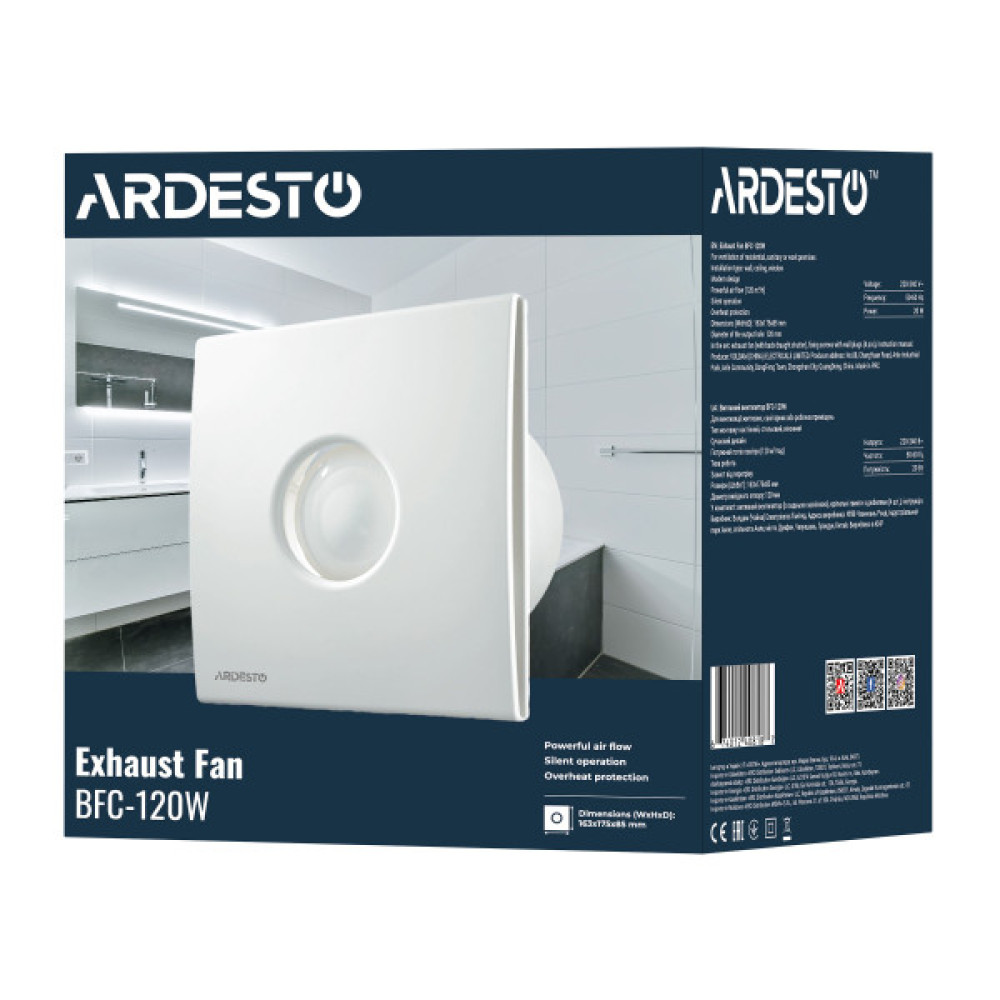 Витяжний вентилятор ARDESTO 20 Вт, 120 м3/г, 2300 об./хв., 33 дБ, білий