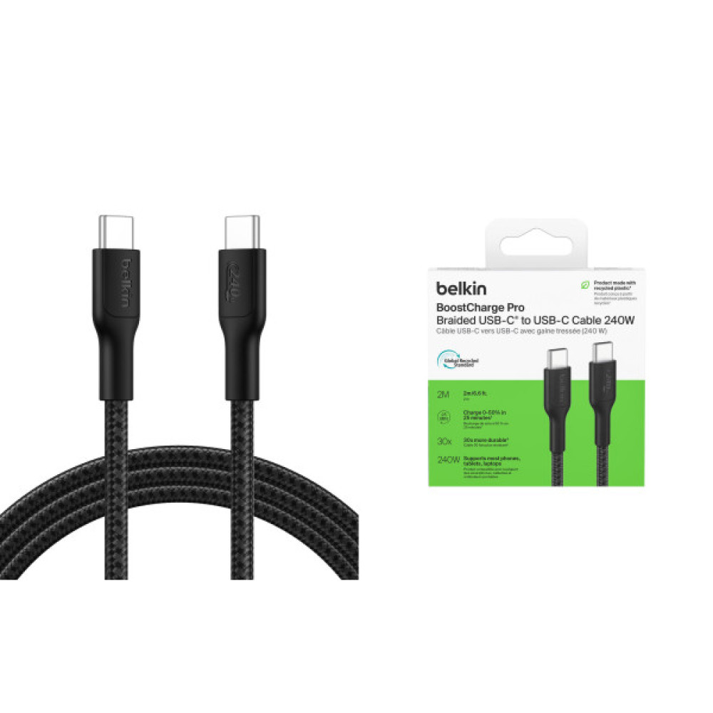 Кабель Belkin USB-C > USB-C заряджання/синхронізації 240Вт PD, 2м, плетений, чорний