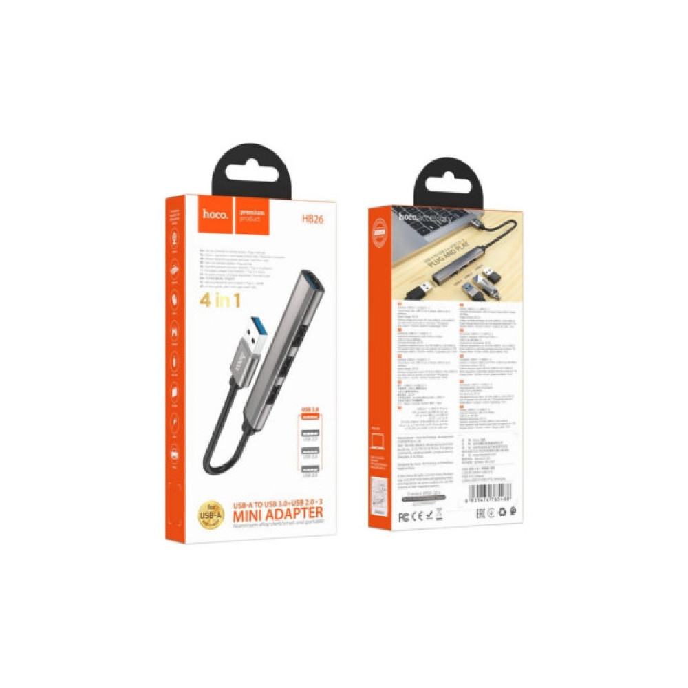 Концентратор HOCO USB to USB 3.0 + 3xUSB 2.0 metal gray (6931474765468)