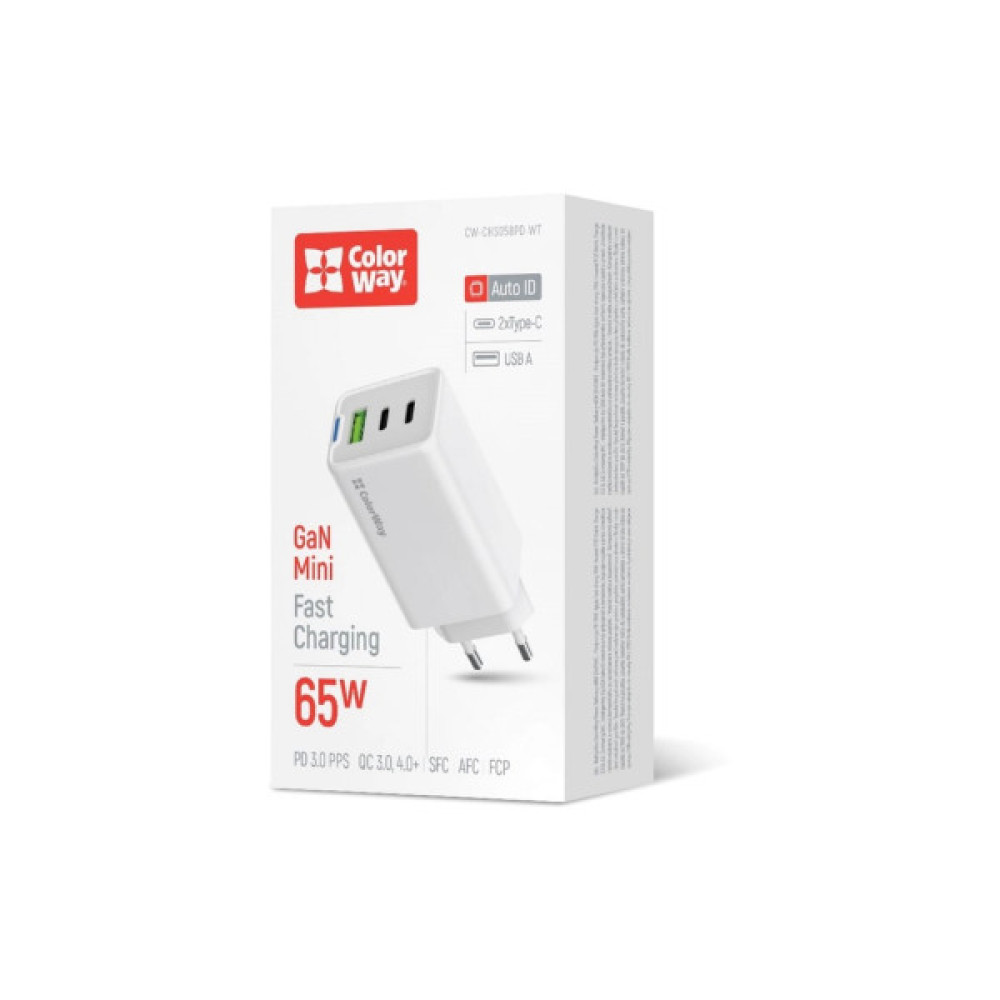 Зарядний пристрій ColorWay GaN Mini 65W PD Port PPS USB (USB-2C1A) white (CW-CHS058PD-WT)