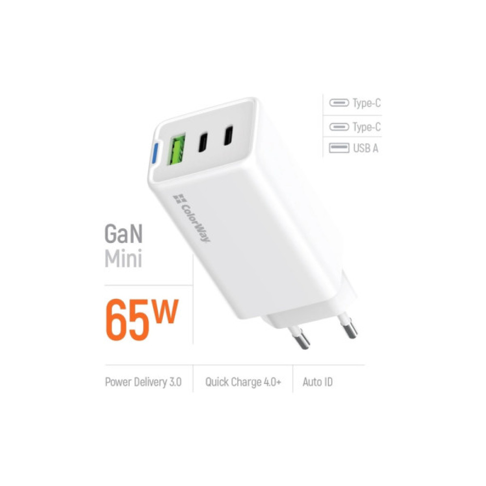 Зарядний пристрій ColorWay GaN Mini 65W PD Port PPS USB (USB-2C1A) white (CW-CHS058PD-WT)