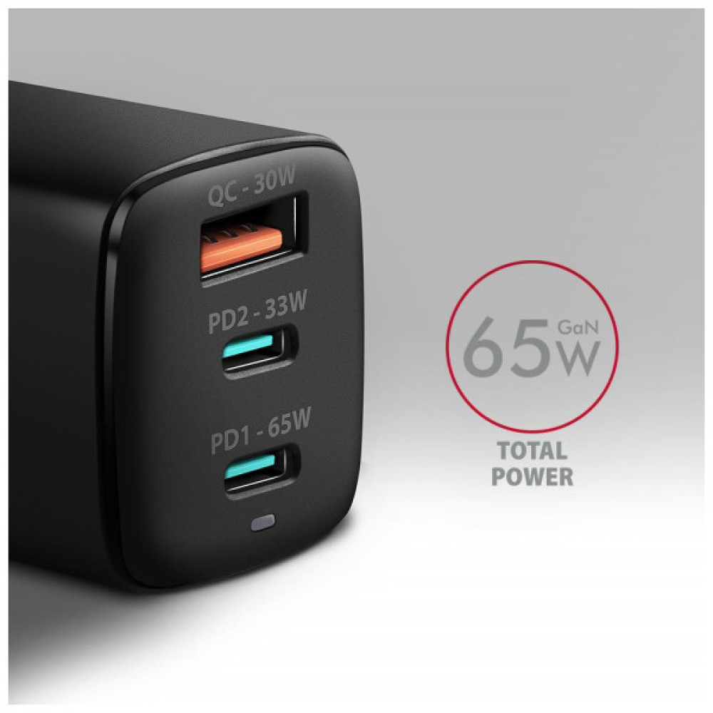 Зарядний пристрій AXAGON 1xUSB + 2xUSB-C 65W QC4+ PD3.0 PPS black (ACU-DPQ65)