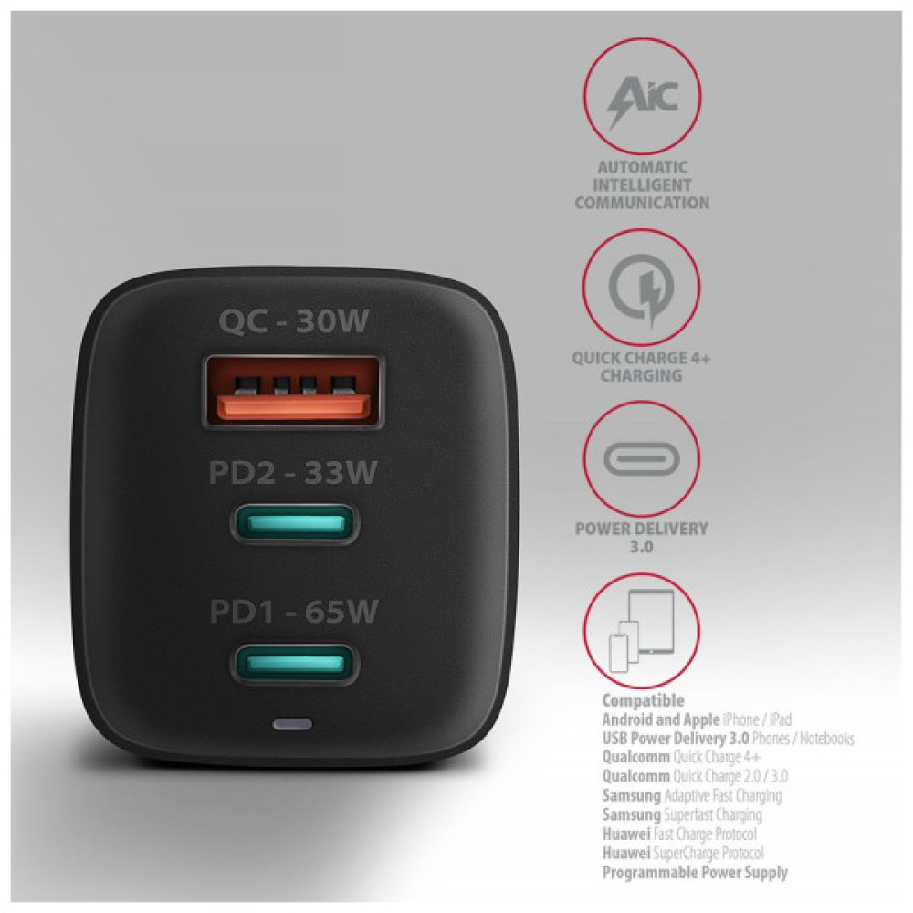 Зарядний пристрій AXAGON 1xUSB + 2xUSB-C 65W QC4+ PD3.0 PPS black (ACU-DPQ65)