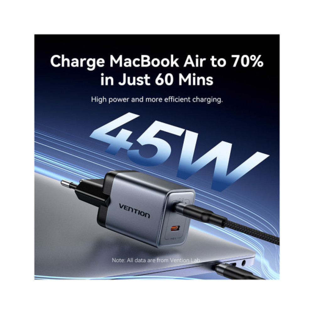 Зарядний пристрій Vention 2xUSB-C PD45W GaN + cable USB-C to USB-C 1.0m black gray (TZ-FCDH0-EU)