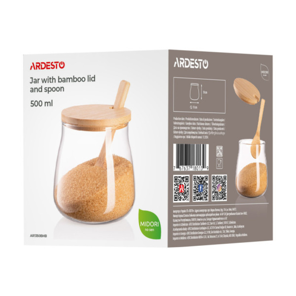 Ємність для сипучих продуктів ARDESTO Midori Sugar 500мл, скло, бамбук, прозорий (AR1350BHB)